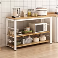 Practical Modern Kitchen Storage Shelf With Wooden Shelves White Frame Microwave Dishes Bowls And Jars