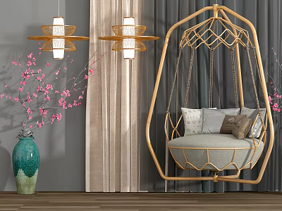 Golden Frame Hanging Chair With Gray Cushion Throw Pillows Green Vase And Pink Blossom Branches 3d model
