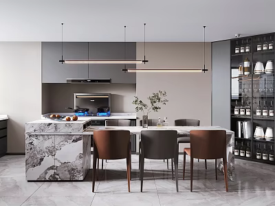 Modern Open Kitchen And Dining Area With Marble Countertop Pendant Lights And Chairs 3d model