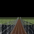 Scenic Suspension Landscape Bridge With Wooden Deck Metal Railings Green Grass And White Sky