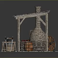 Traditional Handcraft Workshop With Brick Stove Burning Coals Wooden Barrels And Stone Mill