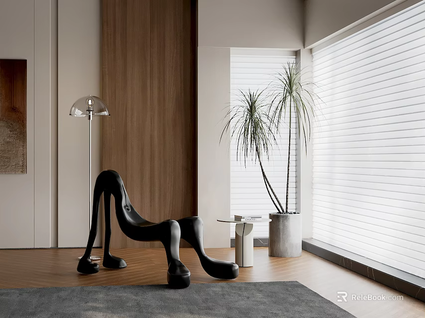 Black Sculptural Lounge Chair In Modern Interior With Floor Lamp Potted Plants And White Blinds 3d model 