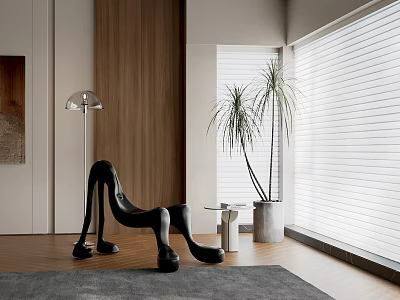 Black Sculptural Lounge Chair In Modern Interior With Floor Lamp Potted Plants And White Blinds 3d model