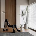 Black Sculptural Lounge Chair In Modern Interior With Floor Lamp Potted Plants And White Blinds