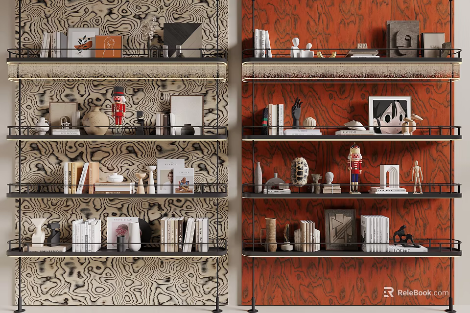 Stylish Multi Layered Bookshelf With Decorative Items Books And Photo Frames On Patterned Wallpaper 3d model 