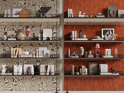 Stylish Multi Layered Bookshelf With Decorative Items Books And Photo Frames On Patterned Wallpaper 3d model