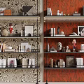 Stylish Multi Layered Bookshelf With Decorative Items Books And Photo Frames On Patterned Wallpaper