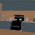 Modern Kitchen Interior With Dark Blue Cabinets Wooden Backsplash And Built In Stove Oven Appliances