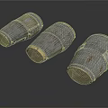 Worn Wooden Barrels With Grayish Distressed Surface Wood Grain And Metal Hoops