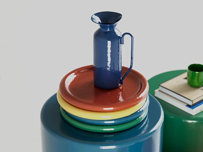 Vibrant Green Cup Beside Books With Blue Pitcher On Stacked Colorful Plates And Cylindrical Container 3d model