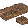 Vintage Brown Leather Multi Seater Sofa With Ottoman And Decorative Cushions