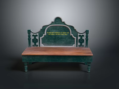 Stylish Green Bench With Wooden Seat Carved Backrest And Decorative Armrests 3d model