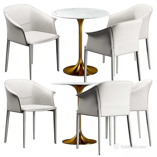Elegant Modern White Leather Chairs with Metal Legs and Gold Base Dining Table Set 3d model 
