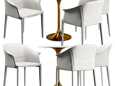 Elegant Modern White Leather Chairs with Metal Legs and Gold Base Dining Table Set 3d model