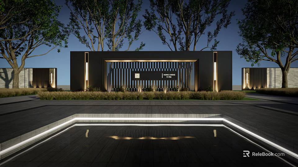 Modern Scenic Wall With Grid Design Lighting Trees And Water Pool In Landscape 3d model 