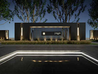 Modern Scenic Wall With Grid Design Lighting Trees And Water Pool In Landscape 3d model