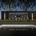 Modern Scenic Wall With Grid Design Lighting Trees And Water Pool In Landscape