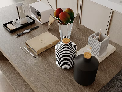 Wooden Table Top With Striped Black Bottles Mango Vase Watch Envelope And Stationery 3d model