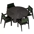 Modern Round Dining Table Set With Four Green Upholstered Chairs Dark Wooden Frame 3d model