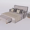 Modern Elegant Double Bed with Upholstered Headboard Pillows Bed Bench and Nightstand 3d model