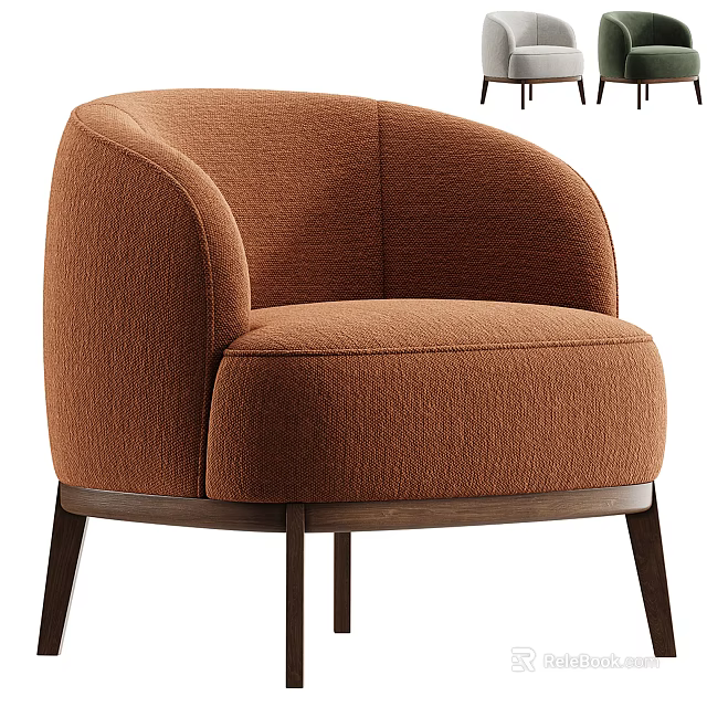 Brown Upholstered Single Sofa with Curved Backrest Armrest and Wooden Legs 3d model 
