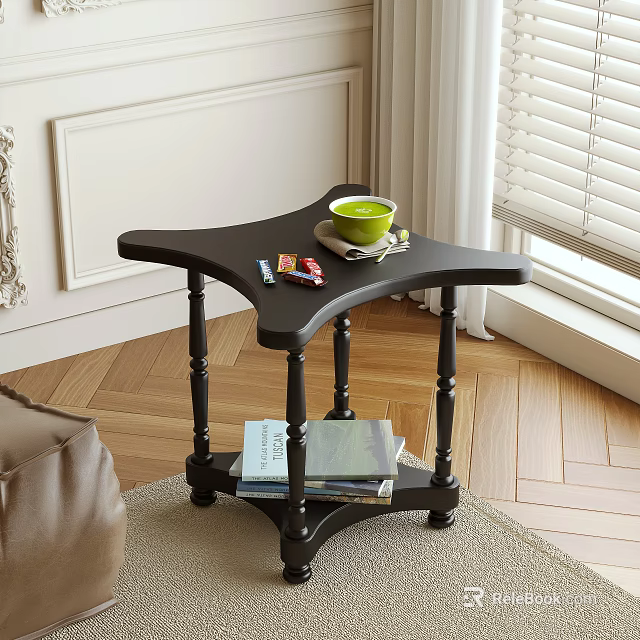 Modern Black Side Table With Shelf Green Cup Snacks And Books In Living Room 3d model 