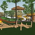 Fun Children's Playground With Mushroom Shaped Shelters Slide And Climbing Nets On Green Grass