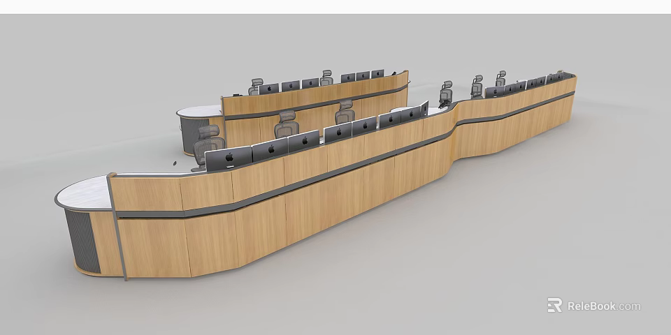 Long Curved Wooden Office Desks With Multiple Seats And Computer Monitors 3d model 