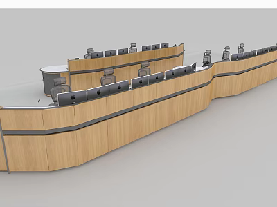 Long Curved Wooden Office Desks With Multiple Seats And Computer Monitors 3d model