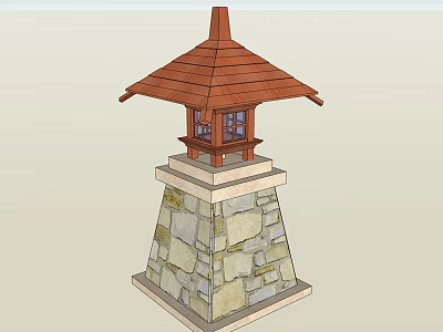 Traditional Outdoor Lantern with Wooden Pagoda Roof and Stone Base Glass Windows Garden Decor 3d model