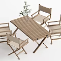 Striped Wooden Folding Table And Director Style Cushioned Chairs Set With Plant Decoration