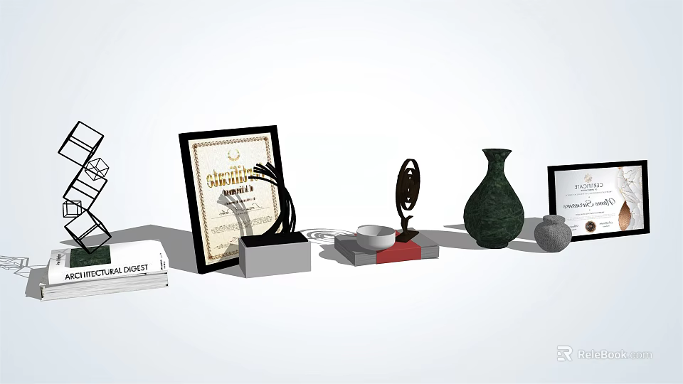 Elegant Decorative Ornament Set With Trophy Certificate Green Vase And Plaque 3d model 