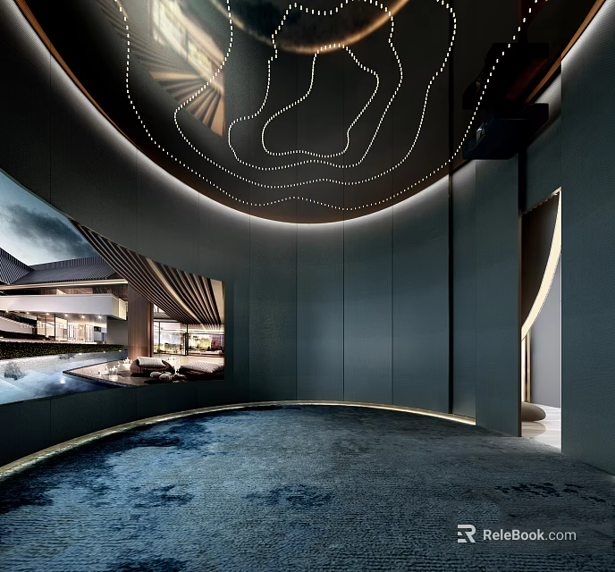 Modern Hotel Lobby With Circular Ceiling Lighting Blue Carpet Curved Walls And Large Screen 3d model 