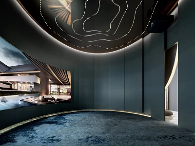 Modern Hotel Lobby With Circular Ceiling Lighting Blue Carpet Curved Walls And Large Screen 3d model