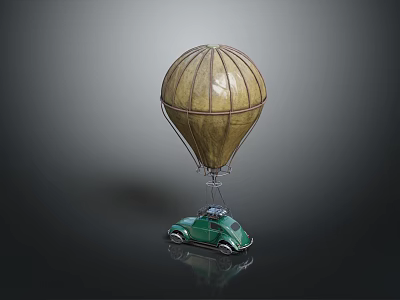Green Car with Yellow Hot Air Balloon Suspended on Dark Reflective Surface 3d model