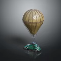 Green Car with Yellow Hot Air Balloon Suspended on Dark Reflective Surface