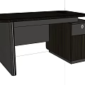 Modern Office Desk With Sleek Dark Wood Grain Top And Gray Cabinet