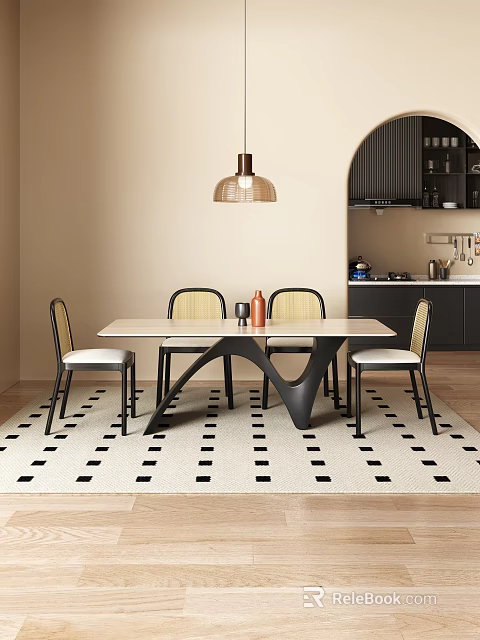 Modern Dining Table Set With Curved Black Legs And Beige Upholstered Chairs On Geometric Rug 3d model 