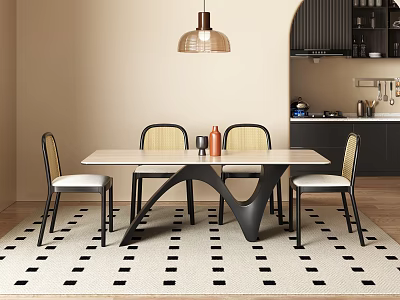 Modern Dining Table Set With Curved Black Legs And Beige Upholstered Chairs On Geometric Rug 3d model