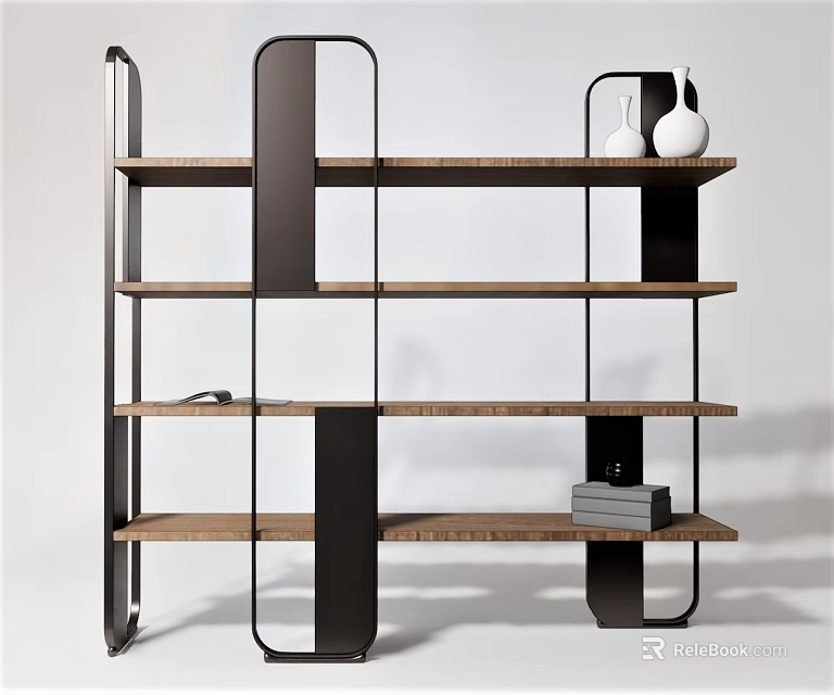 Modern Bookshelf With Metal Frame And Wooden Shelves Featuring Vases And Books 3d model 