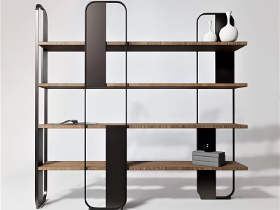 Modern Bookshelf With Metal Frame And Wooden Shelves Featuring Vases And Books 3d model