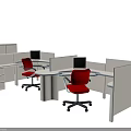 Modern Office Desk Cubicle Setup With Computers Red Chairs And Storage Cabinets 3d model