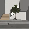 Modern Light Colored Stairs With Green Tree And Ambient Lighting In Minimalist Interior