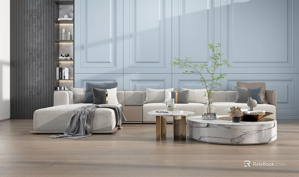 Modern Light Gray Sofa and Marble Coffee Table Set with Multiple Cushions in Living Room 3d model 