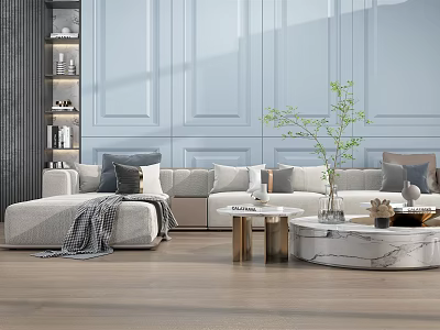 Modern Light Gray Sofa and Marble Coffee Table Set with Multiple Cushions in Living Room 3d model