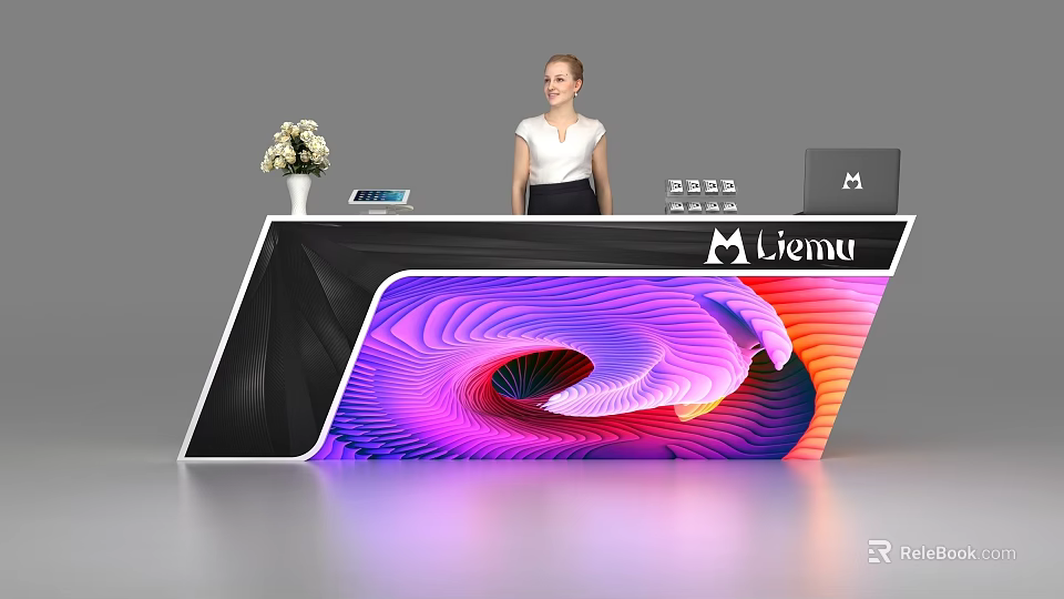 Modern Reception Desk With Colorful Wave Pattern Liemu Logo Flower Vase Phone And Laptop 3d model 