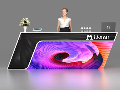 Modern Reception Desk With Colorful Wave Pattern Liemu Logo Flower Vase Phone And Laptop 3d model