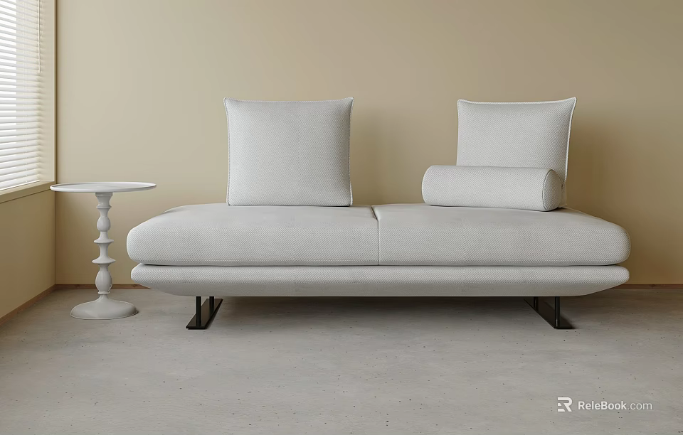 Modern Light Gray Two-Seater Sofa With Cushions Black Metal Legs And Side Table 3d model 