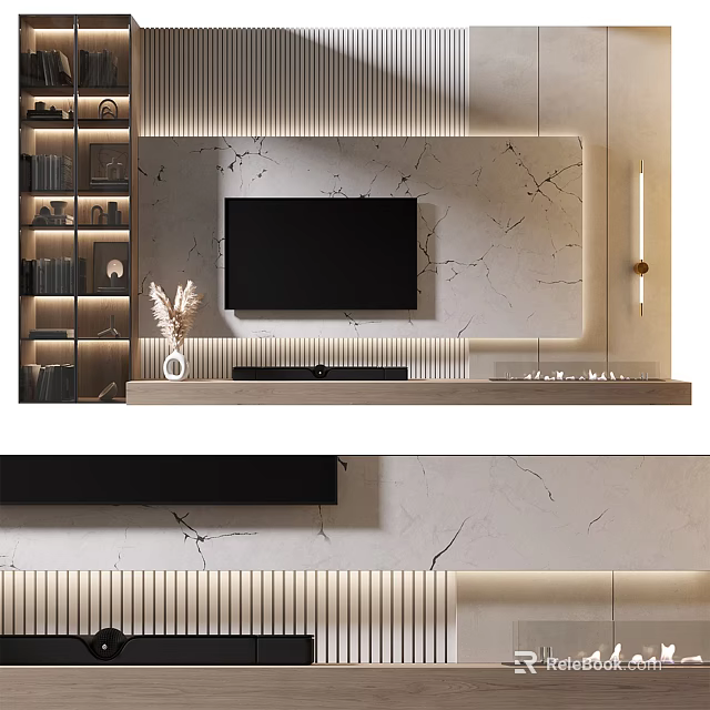 Modern TV Background Wall Design With Marble Texture LED Strip Lighting And Minimalist Decor 3d model 