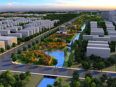 Scenic Garden Landscape With Meandering River Colorful Trees Greenery And Surrounding Buildings 3d model